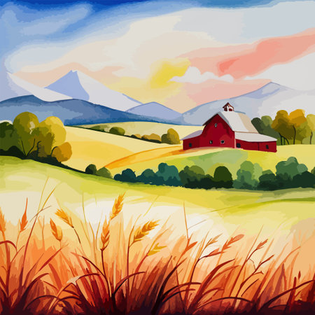 Farm on a hill with yellow or golden wheat field in a watercolor style, agriculture, cultivation, countryside, fieldのイラスト素材