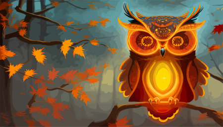 Owl. Realistic bird on dark moon forest background. Dark night background. autumn fairy tale art. Fashion templateのイラスト素材