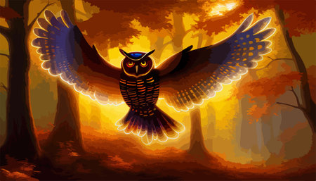 Owl. Realistic bird on dark moon forest background. Dark night background. autumn fairy tale art. Fashion templateのイラスト素材