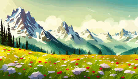 Beautiful fantasy landscape field full of spring, with color, background vector illustration. flowers against backdropのイラスト素材
