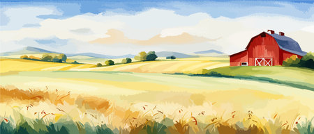 Farm on a hill with yellow or golden wheat field in a watercolor style, agriculture, cultivation, countryside, fieldのイラスト素材
