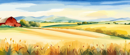 Farm on a hill with yellow or golden wheat field in a watercolor style, agriculture, cultivation, countryside, fieldのイラスト素材
