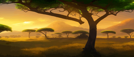 African rainforest. African jungle rainforest panorama with tropical vegetation, exotic fantasy landscape banner vectorのイラスト素材