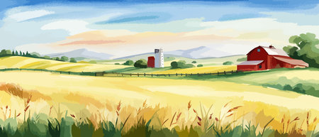 Farm on a hill with yellow or golden wheat field in a watercolor style, agriculture, cultivation, countryside, fieldのイラスト素材