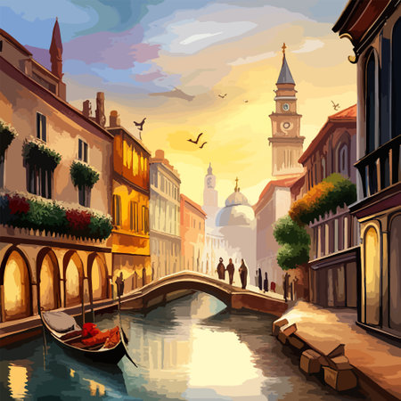 Old town street with water channel Stray vinice background, city landscape view, watercolor drawing, Vector illustration.のイラスト素材