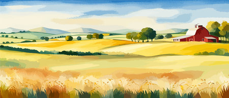 Farm on a hill with yellow or golden wheat field in a watercolor style, agriculture, cultivation, countryside, fieldのイラスト素材