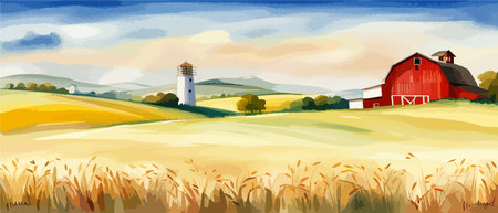 Farm on a hill with yellow or golden wheat field in a watercolor style, agriculture, cultivation, countryside, fieldのイラスト素材