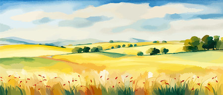 Farm on a hill with yellow or golden wheat field in a watercolor style, agriculture, cultivation, countryside, fieldのイラスト素材