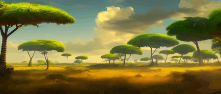 African rainforest. African jungle rainforest panorama with tropical vegetation, exotic fantasy landscape banner vectorのイラスト素材