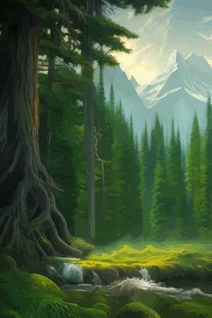 Landscape in scandinavian arctic forest, pine trees and snowy sunset, matte painting vector illustrationのイラスト素材