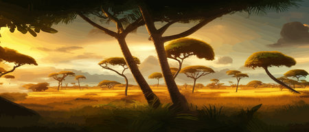 African rainforest. African jungle rainforest panorama with tropical vegetation, exotic fantasy landscape banner vectorのイラスト素材
