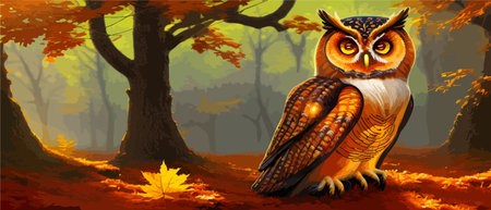 Owl. Realistic bird on dark moon forest background. Dark night background. autumn fairy tale art. Fashion templateのイラスト素材