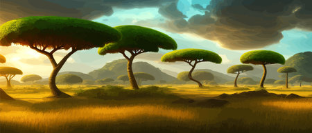 African rainforest. African jungle rainforest panorama with tropical vegetation, exotic fantasy landscape banner vectorのイラスト素材