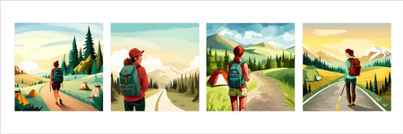 Adventure woman hiker enjoying hiking in mountains with nordic poles backpack flat vector illustration. Woman traveler travels with backpack.のイラスト素材