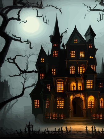 Scary little haunted house in horror forest, spooky haunted house in old, vintage style for Halloween and other spooky occasions. Vector illustration.のイラスト素材