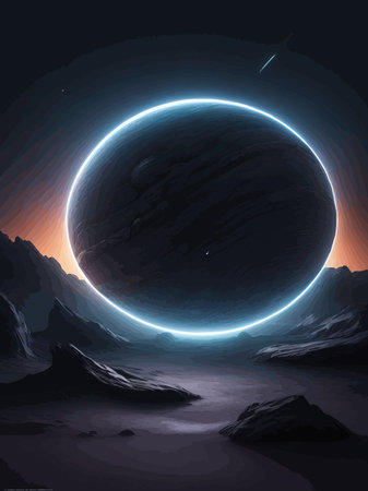 Futuristic fantasy landscape, sci fi landscape with planet, neon light, cold planet. Galaxy unknown planet Dark naturalのイラスト素材