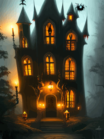 Scary little haunted house in horror forest, spooky haunted house in old, vintage style for Halloween and other spooky occasions. Vector illustration.のイラスト素材