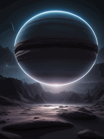 Futuristic fantasy landscape, sci fi landscape with planet, neon light, cold planet. Galaxy unknown planet Dark naturalのイラスト素材