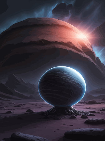Futuristic fantasy landscape, sci fi landscape with planet, neon light, cold planet. Galaxy unknown planet Dark naturalのイラスト素材