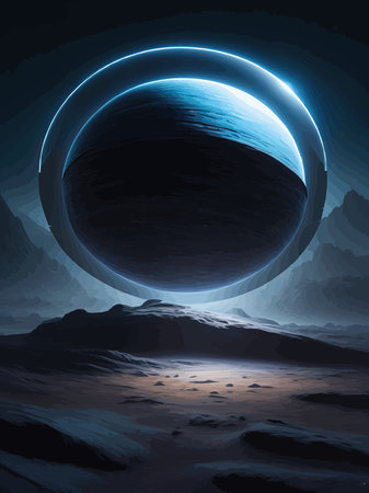 Futuristic fantasy landscape, sci fi landscape with planet, neon light, cold planet. Galaxy unknown planet Dark naturalのイラスト素材