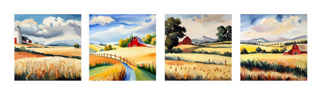 Farm on a hill with yellow or golden wheat field in a watercolor style, agriculture, cultivation, countryside, fieldのイラスト素材