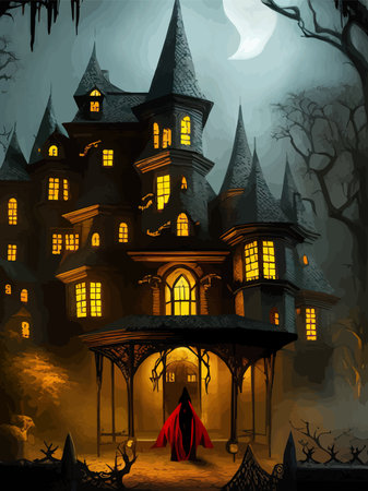 Scary little haunted house in horror forest, spooky haunted house in old, vintage style for Halloween and other spooky occasions. Vector illustration.のイラスト素材