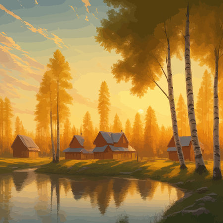 Vector illustration Autumn landscape golden alley park of birches near a pond , contemporary art impressionism abstractのイラスト素材