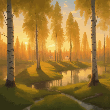Vector illustration Autumn landscape golden alley park of birches near a pond , contemporary art impressionism abstractのイラスト素材