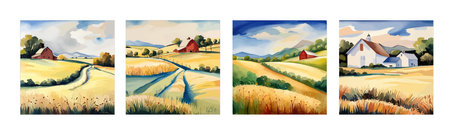 Farm on a hill with yellow or golden wheat field in a watercolor style, agriculture, cultivation, countryside, fieldのイラスト素材