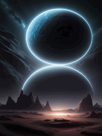 Futuristic fantasy landscape, sci fi landscape with planet, neon light, cold planet. Galaxy unknown planet Dark naturalのイラスト素材