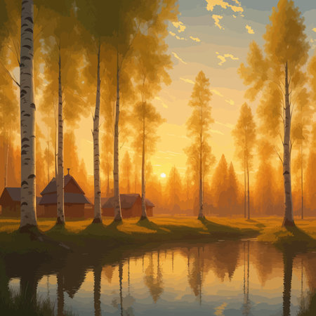 Vector illustration Autumn landscape golden alley park of birches near a pond , contemporary art impressionism abstractのイラスト素材