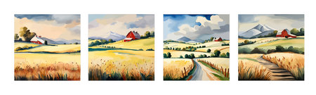Farm on a hill with yellow or golden wheat field in a watercolor style, agriculture, cultivation, countryside, fieldのイラスト素材