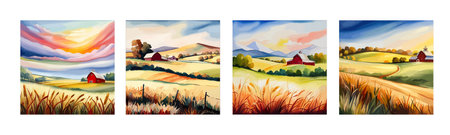 Farm on a hill with yellow or golden wheat field in a watercolor style, agriculture, cultivation, countryside, fieldのイラスト素材