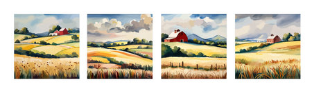 Farm on a hill with yellow or golden wheat field in a watercolor style, agriculture, cultivation, countryside, fieldのイラスト素材