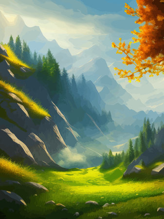 Colorful autumn landscape. Autumn season with red majestic mountains.のイラスト素材