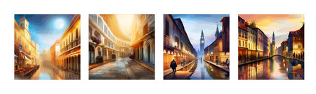Old town street with water channel Stray vinice background, city landscape view, watercolor drawing, Vector illustration.のイラスト素材