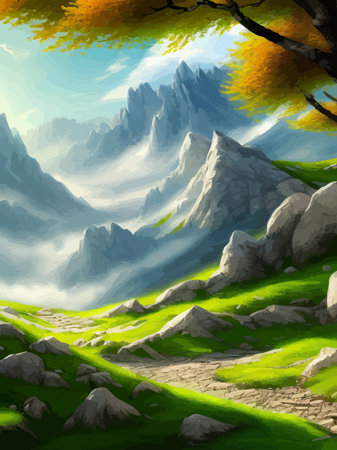 Colorful autumn landscape. Autumn season with red majestic mountains.のイラスト素材
