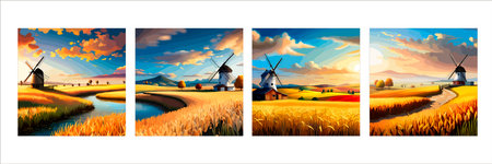 Rural summer landscape with windmill and wheat field. Vector illustration. Nature rural landscape with old dutchのイラスト素材
