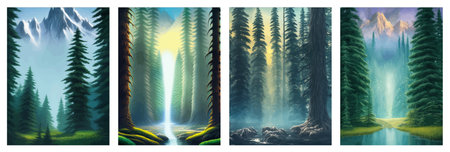 Landscape in scandinavian arctic forest, pine trees and snowy sunset, matte painting vector illustrationの写真素材