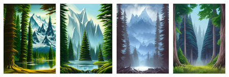 Landscape in scandinavian arctic forest, pine trees and snowy sunset, matte painting vector illustrationの写真素材