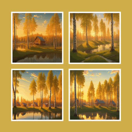 Vector illustration Autumn landscape golden alley park of birches near a pond , contemporary art impressionism abstractの写真素材
