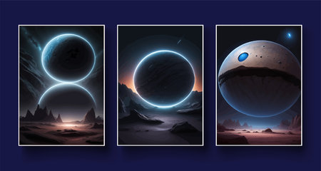 Futuristic fantasy landscape, sci fi landscape with planet, neon light, cold planet. Galaxy unknown planet Dark naturalの写真素材
