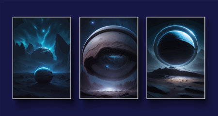Futuristic fantasy landscape, sci fi landscape with planet, neon light, cold planet. Galaxy unknown planet Dark naturalの写真素材