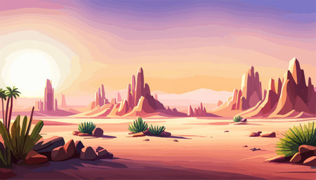 Desert background Summer with sun, sand, clouds, palms Trees Vector design style Nature Landscape.のイラスト素材