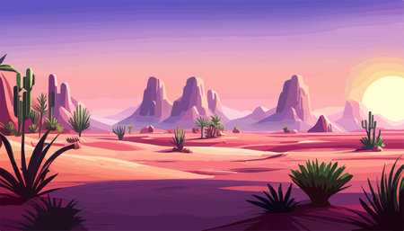 Desert background Summer with sun, sand, clouds, palms Trees Vector design style Nature Landscape.のイラスト素材