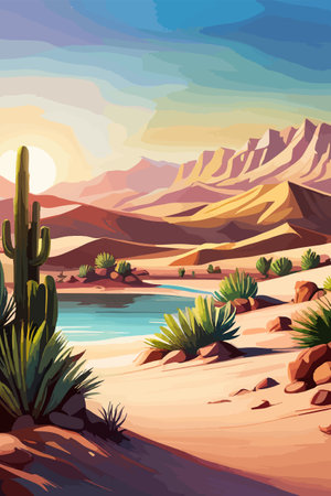 Desert background Summer with sun, sand, clouds, palms Trees Vector design style Nature Landscape.のイラスト素材