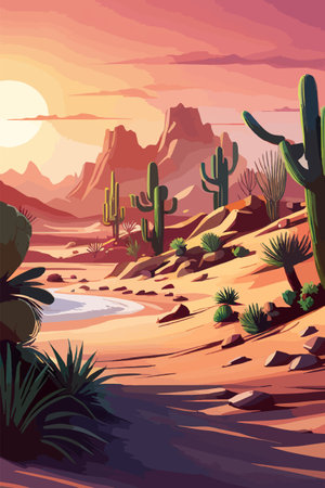 Desert background Summer with sun, sand, clouds, palms Trees Vector design style Nature Landscape.のイラスト素材