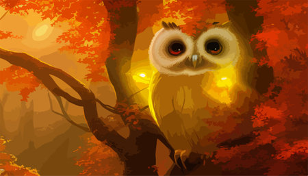 Owl. Realistic bird on dark moon forest background. Dark night background. autumn fairy tale art. Fashion templateのイラスト素材