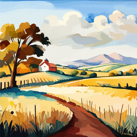 Farm on a hill with yellow or golden wheat field in a watercolor style, agriculture, cultivation, countryside, fieldのイラスト素材