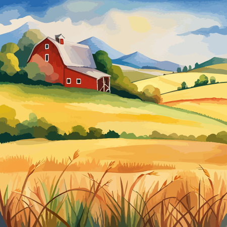 Farm on a hill with yellow or golden wheat field in a watercolor style, agriculture, cultivation, countryside, fieldのイラスト素材
